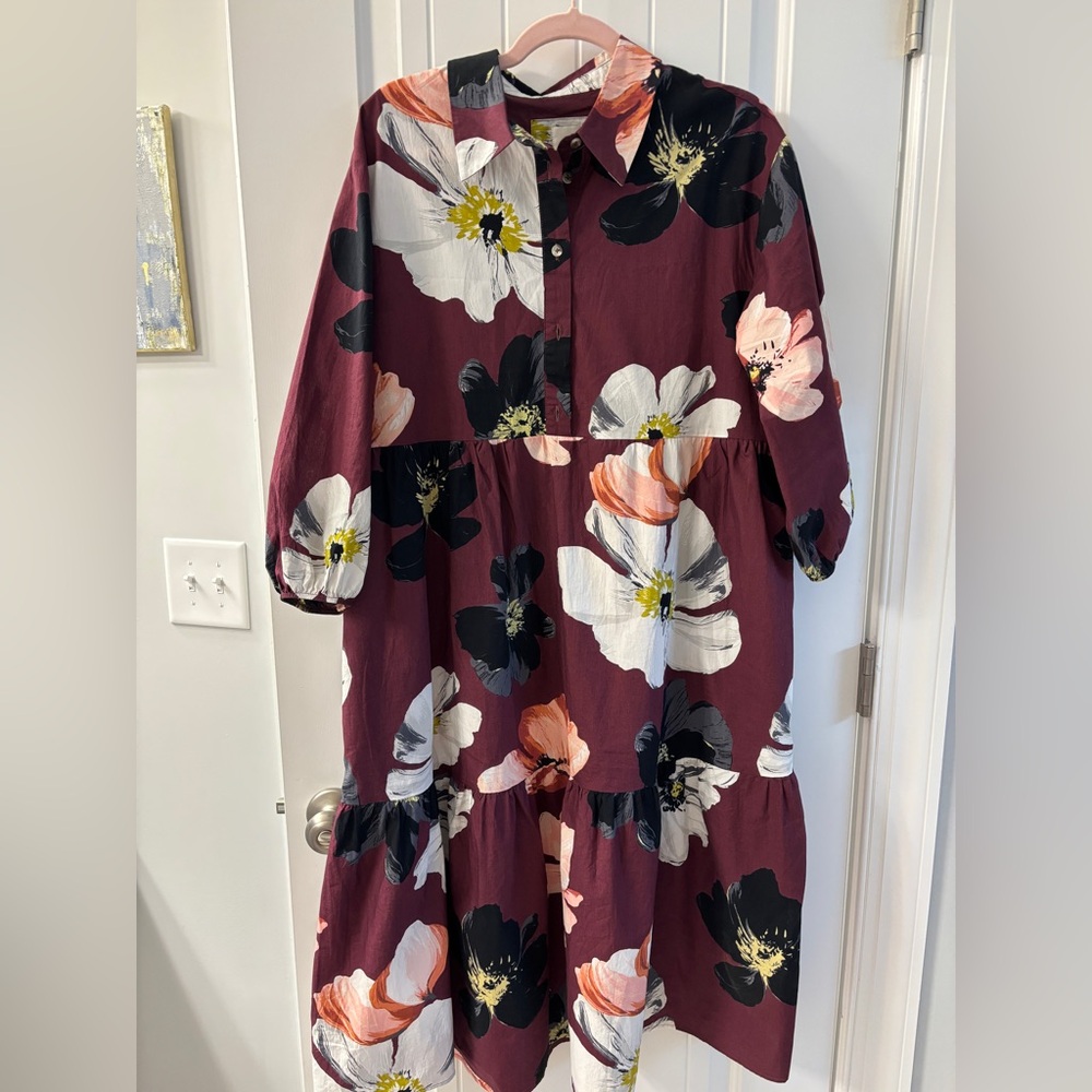 Anthropologie Maeve Burgundy Floral Long Sleeve Dress- Large Petite